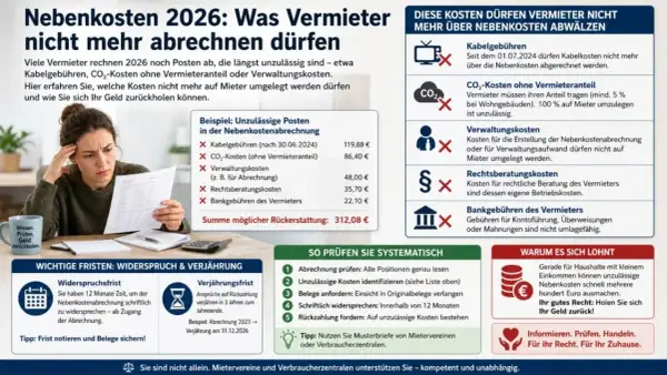 Frau prüft Nebenkostenabrechnung. Unzulässige Posten wie Kabelgebühren oder Verwaltungskosten dürfen nicht mehr abgerechnet werden. Holen Sie sich Ihr Geld zurück!